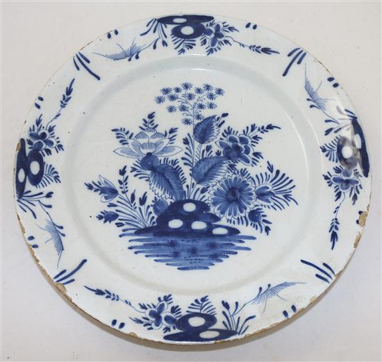 An English delft blue and white charger and a Dutch delft charger, mid 18th century, diam. 35cm